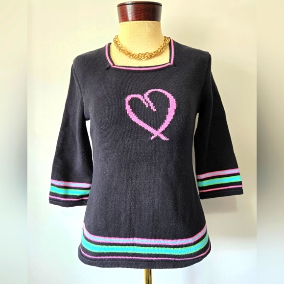 Parkhurst Cotton Country Square Neck Black Sweater Pink Heart and Stripes. Small - Picture 1 of 10